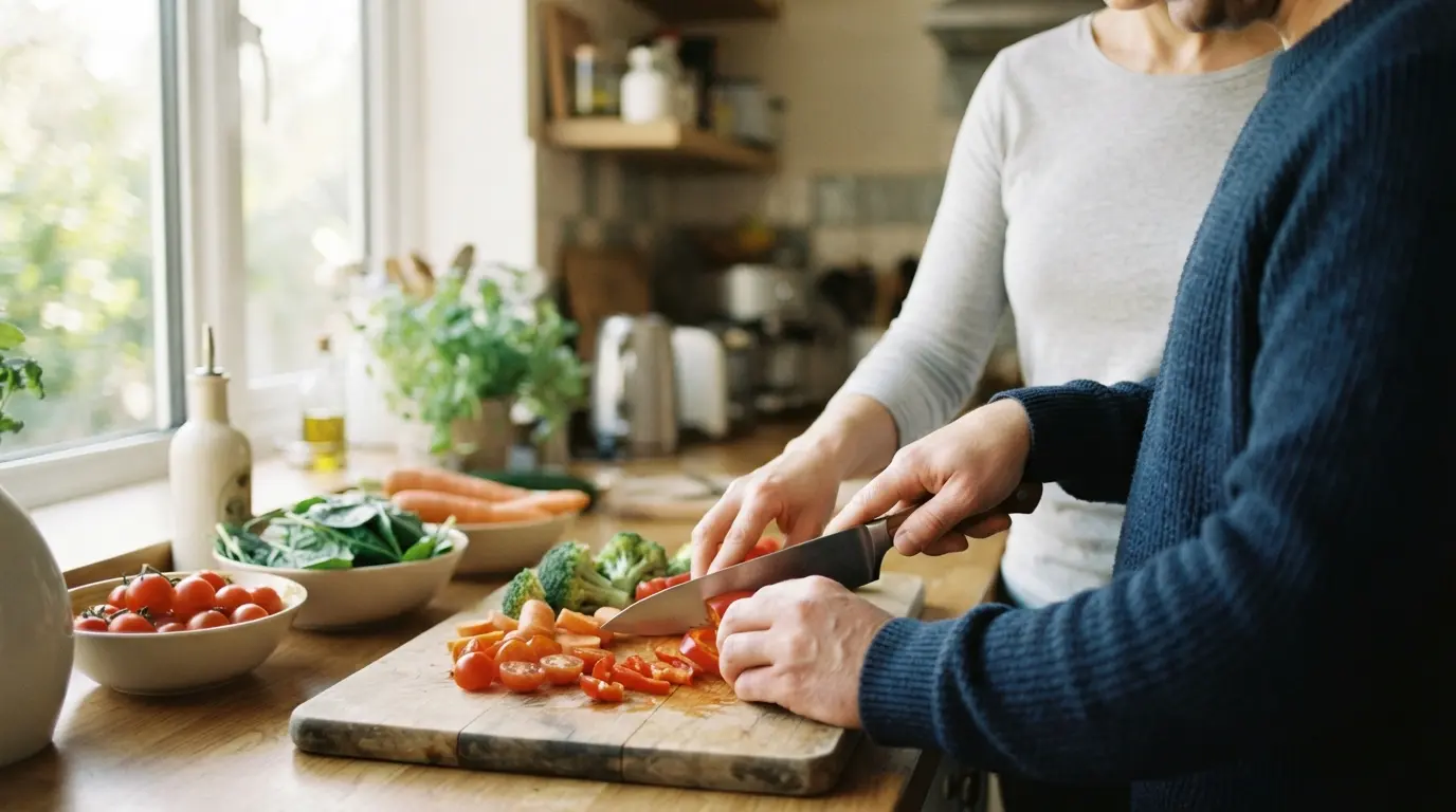 A disability support worker assisting a participant with meal preparation in a modern home kitchen.