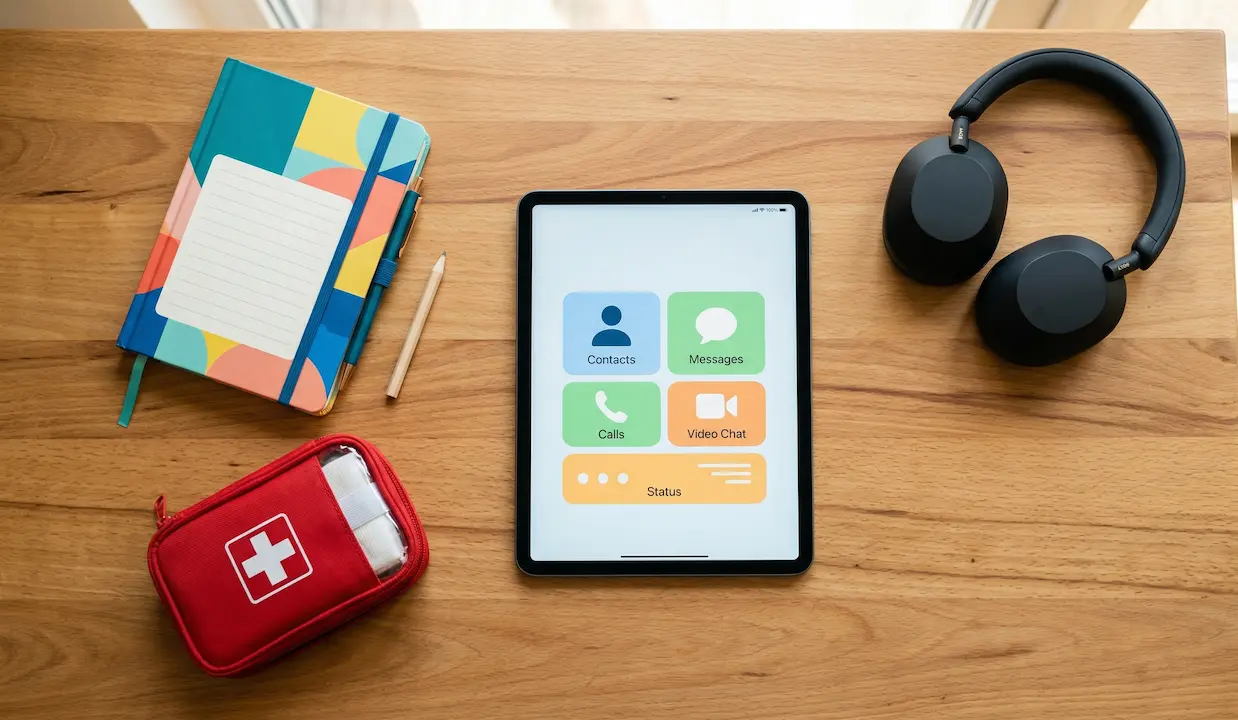A bright, overhead photo of a wooden table. On the table is a digital tablet showing a simple communication app, a pair of high-quality headphones, a colorful daily planner, and a small first aid kit. The image is clean and professional. No text, no logos.