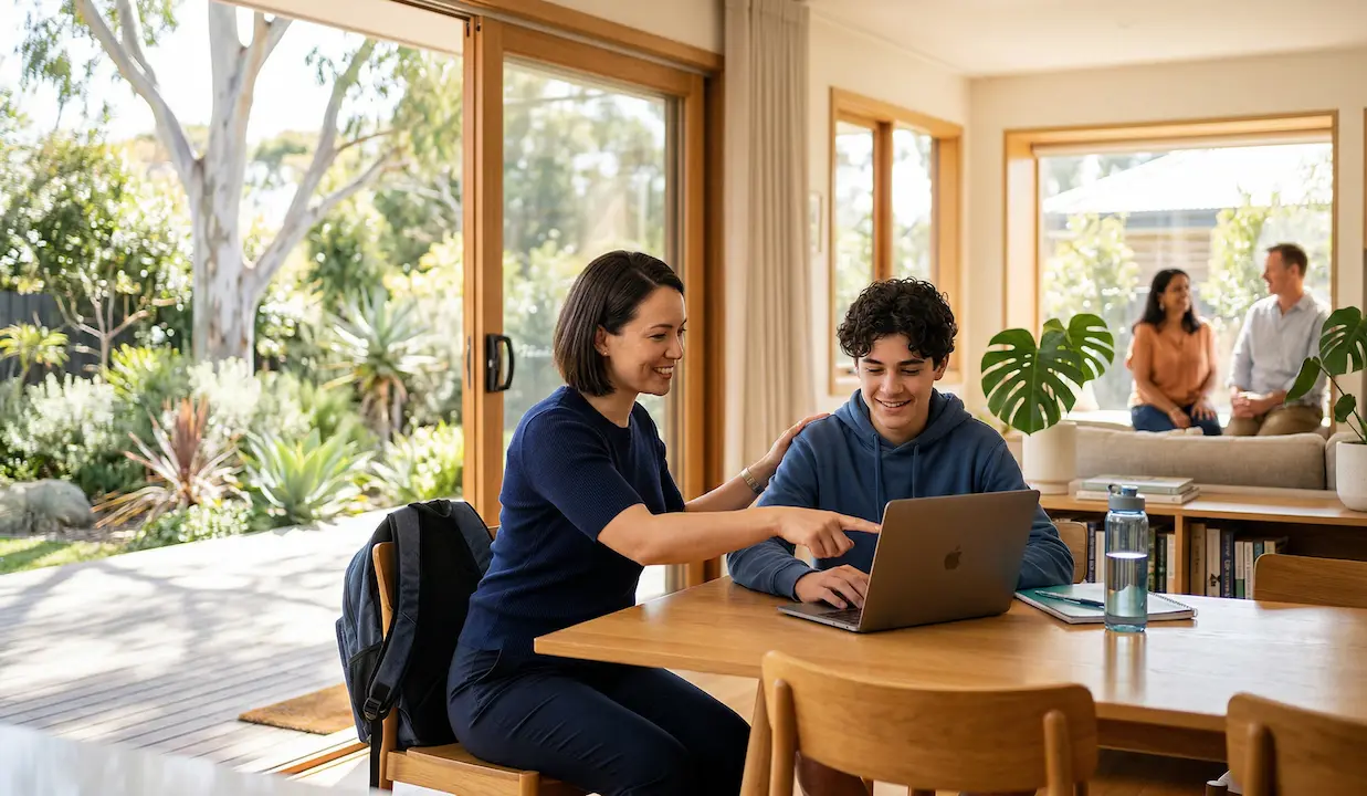 A supportive support worker and a young adult smiling while looking at a tablet in a bright, modern living room in Darwin.