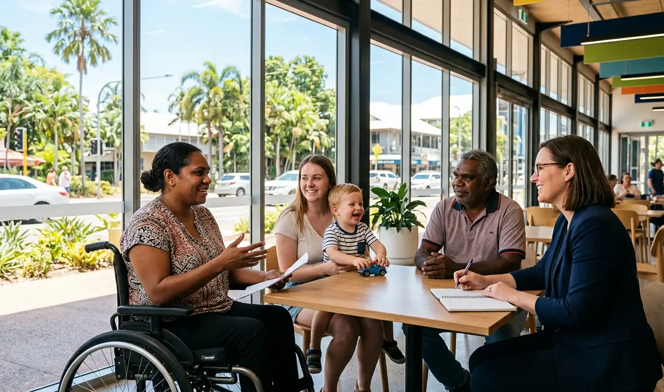 A diverse group of people in a community centre in Darwin, including a young child and an adult with a physical disability, talking with a helpful NDIS expert.