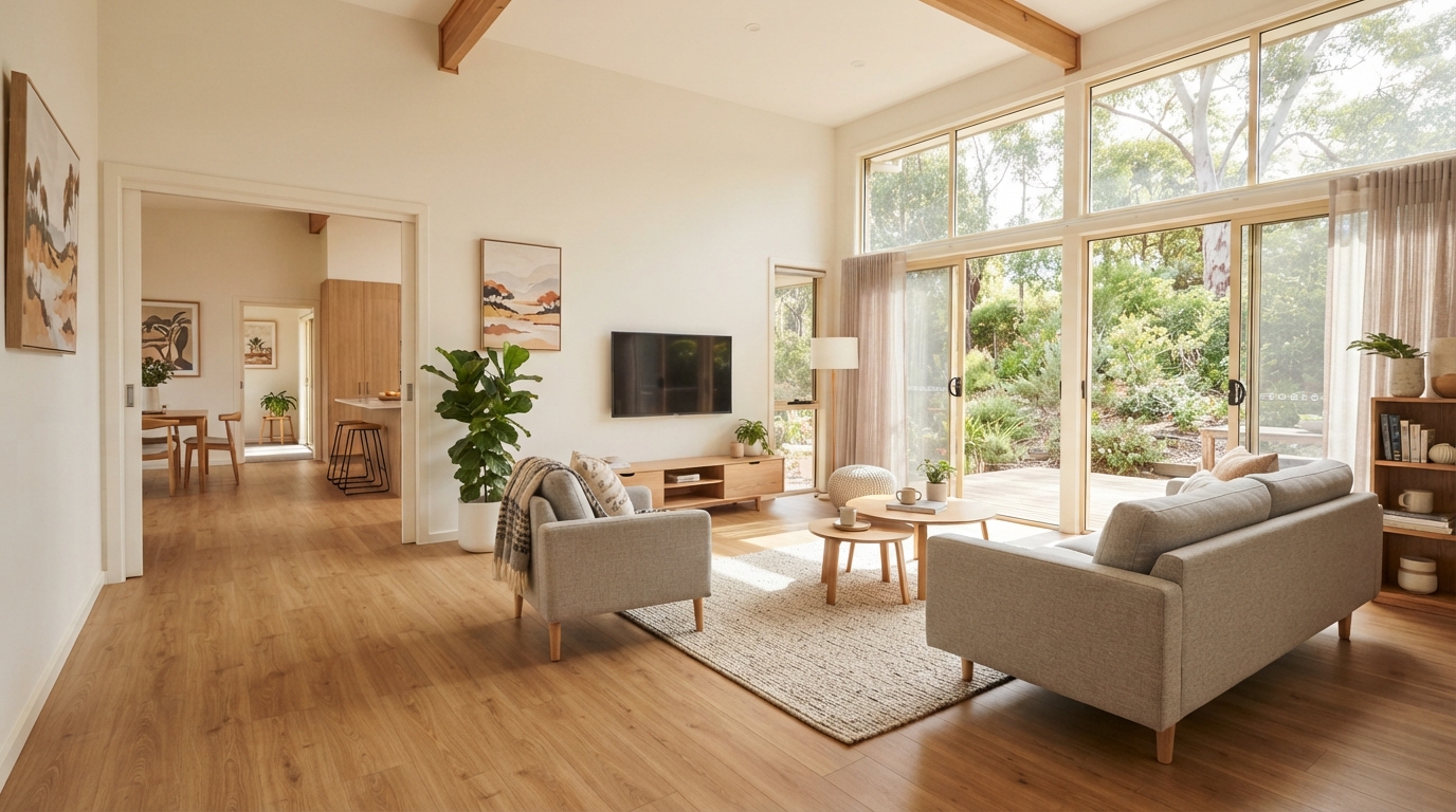 A modern and accessible living room inside an SDA housing property funded by the NDIS.