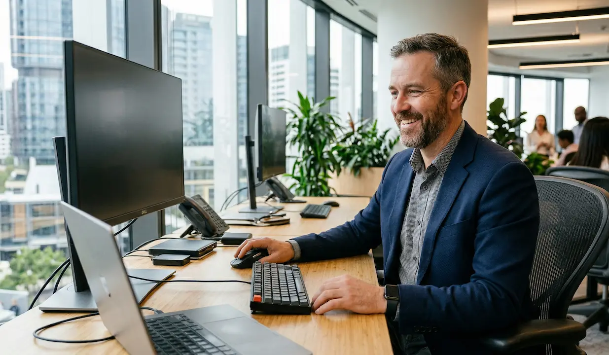 A happy man in a wheelchair working in a modern office with a bright window, representing economic participation.