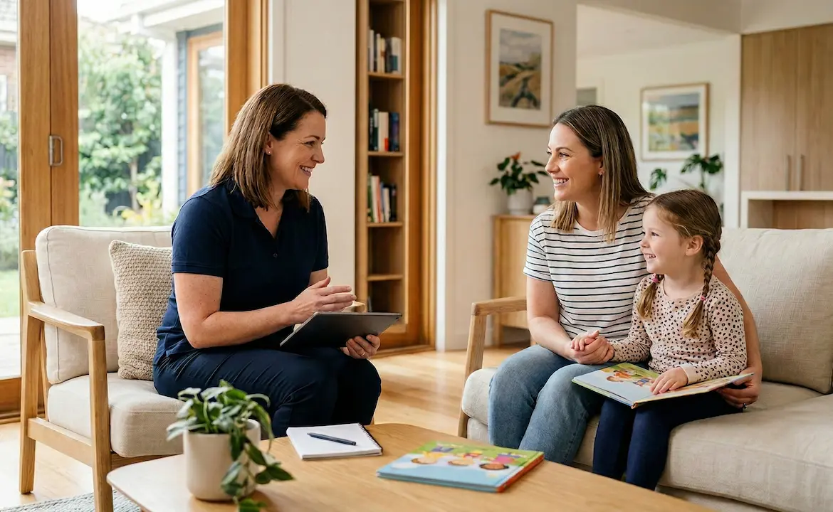 A friendly support worker sitting with a family in their bright living room, looking over an NDIS planning booklet together.