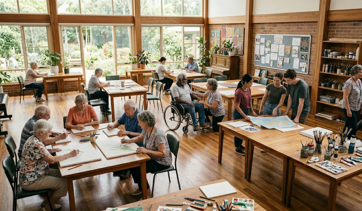 A friendly support worker sitting at a kitchen table with an adult participant, looking over a colourful NDIS plan together. 