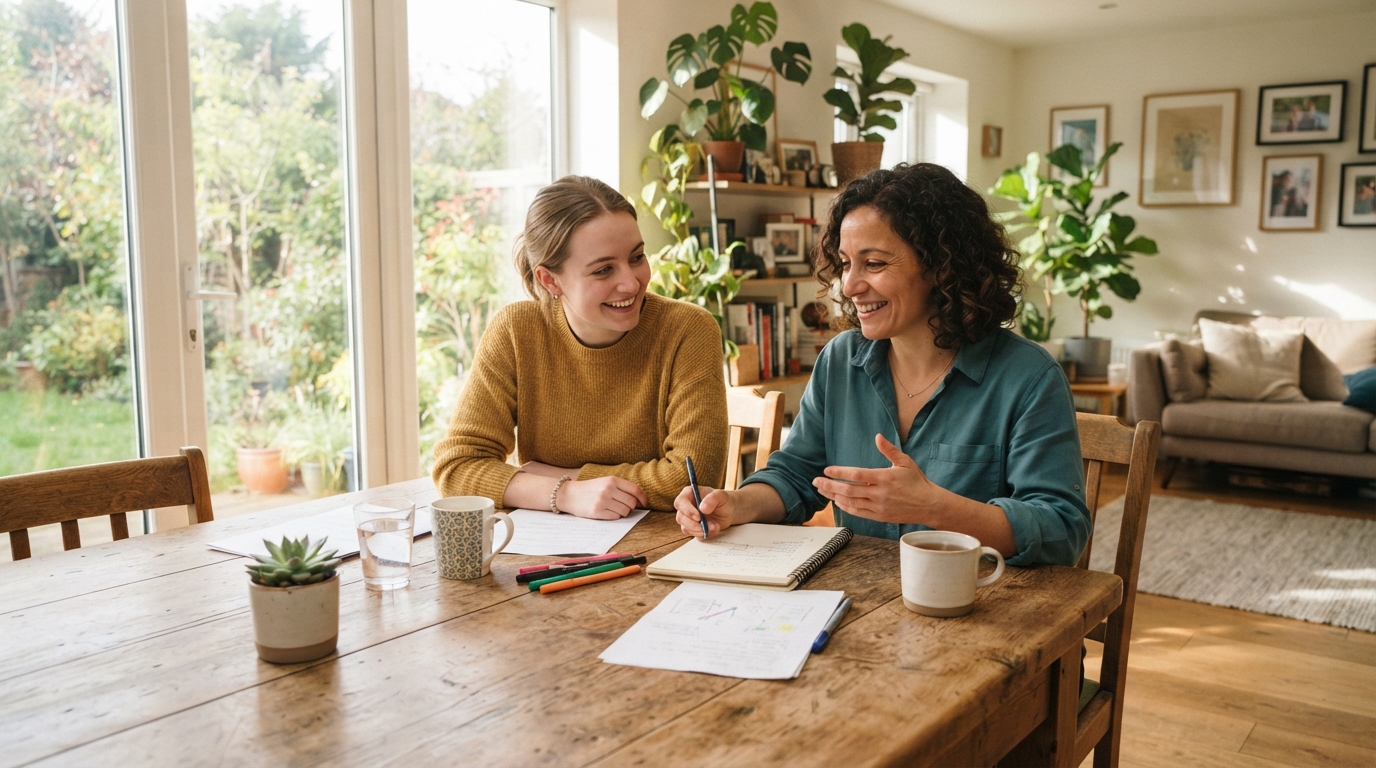 A support worker talking with a young adult in a sunlit home, showing supported housing for youth with psychosocial disabilities