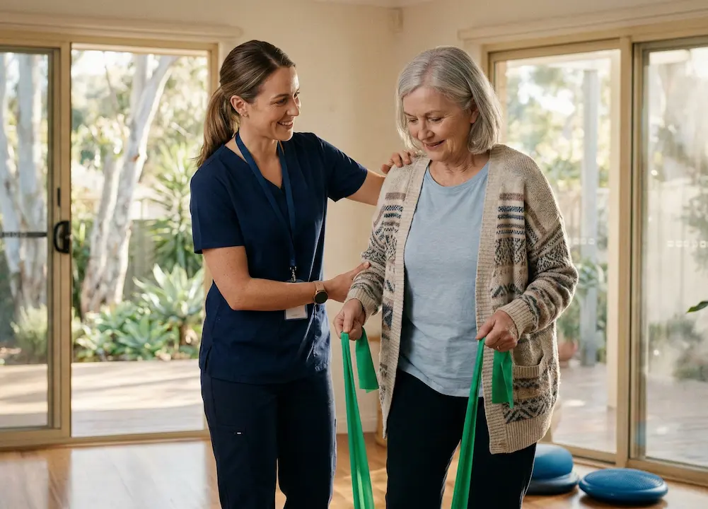 A female physiotherapist in navy scrubs supports an older woman using resistance bands in a sunlit Australian home. Large glass doors reveal a bright garden. The scene shows warm, recovery-oriented care.