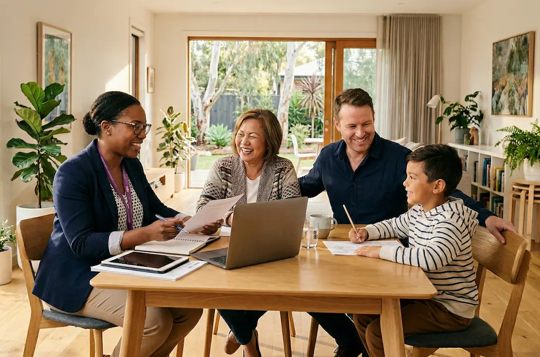 A professional support worker and a parent looking at a tablet together to plan a budget in a modern Australian kitchen.