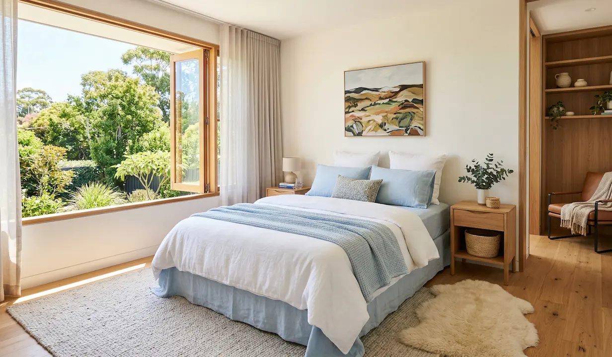 A bright, clean bedroom in a modern respite house in Darwin with fresh towels and a welcome kit on the bed.